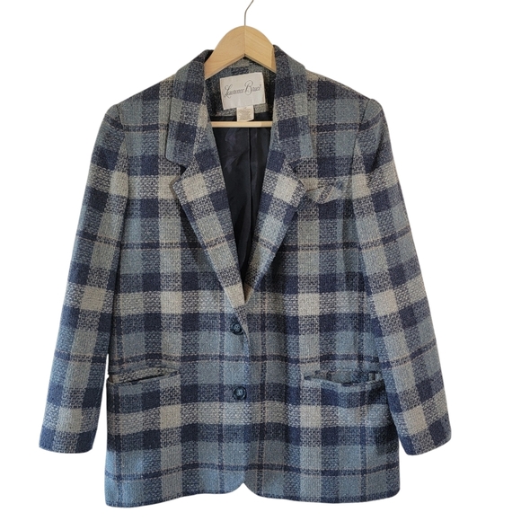 Lawrence Bruce Navy Gray Plaid Wool Blend Blazer 12P Single Breasted Minimalist - Picture 1 of 11